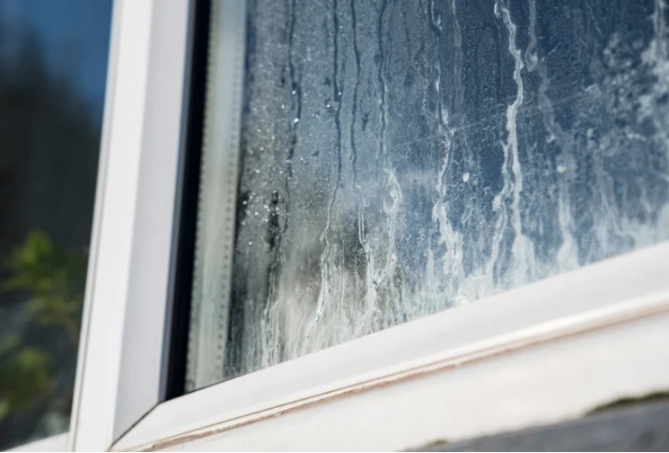 A close-up view of a worn window frame reveals peeling seals and condensation between glass panes, showing why some windows fail prematurely. 