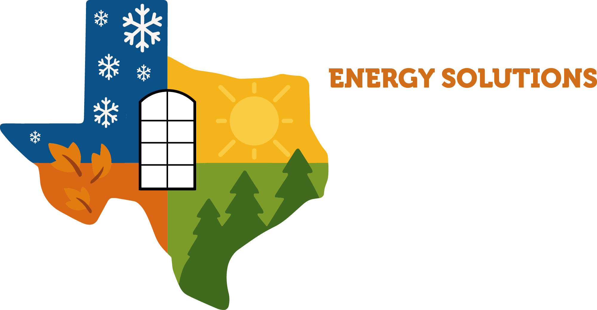 An illustration of Texas divided into four sections with icons: snowflakes, a leaf, a sun, and pine trees. A window is in the center. To the right, text reads “STATEWIDE ENERGY SOLUTIONS.”.