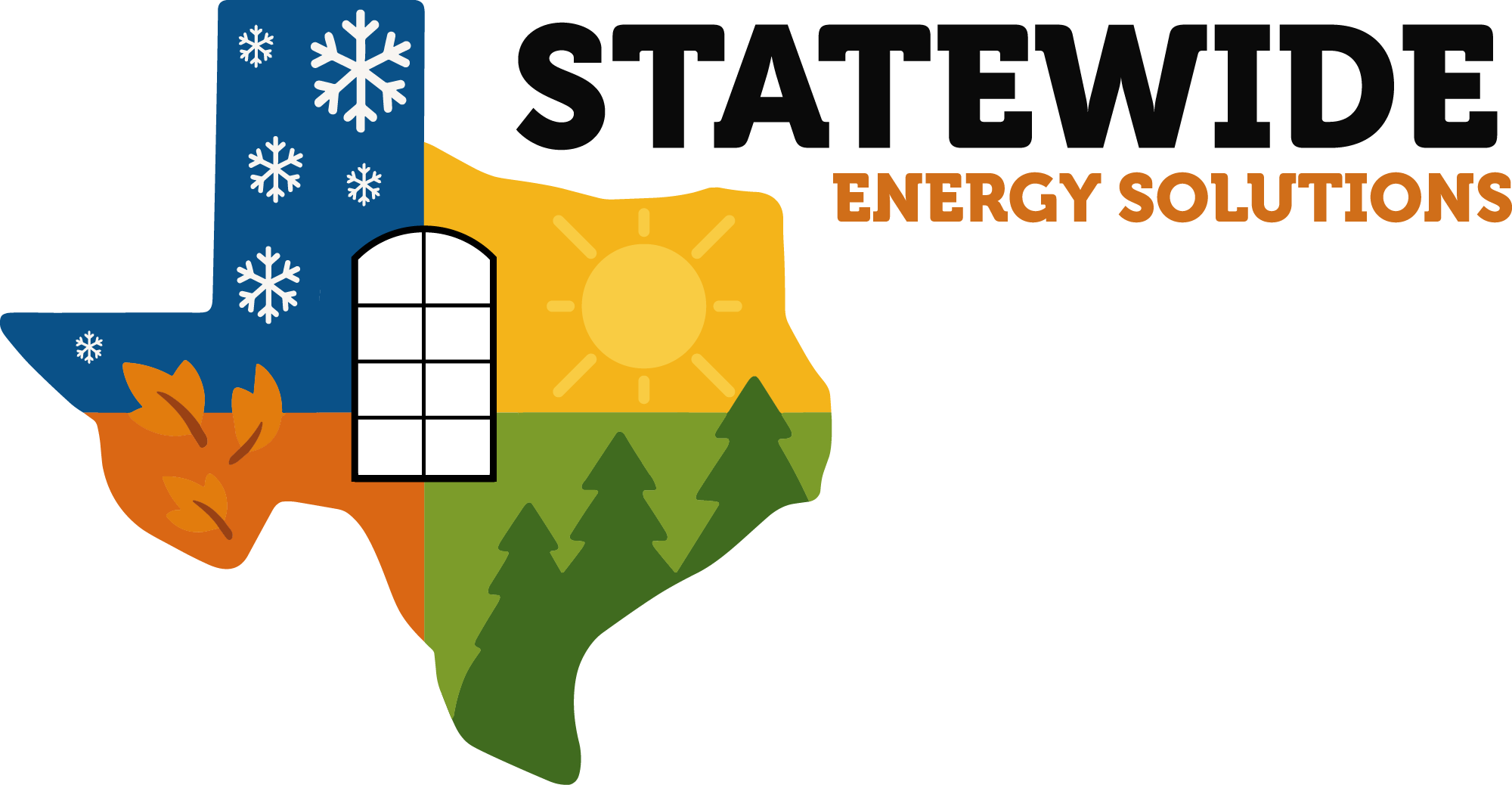 An outline of Texas divided into four sections with icons for snowflakes, a leaf, a window, a sun, and pine trees. The text reads “STATEWIDE ENERGY SOLUTIONS” in bold black and orange letters.