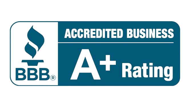 A blue and white badge displays the BBB flame logo, the words "Accredited Business," and an "A+ Rating.