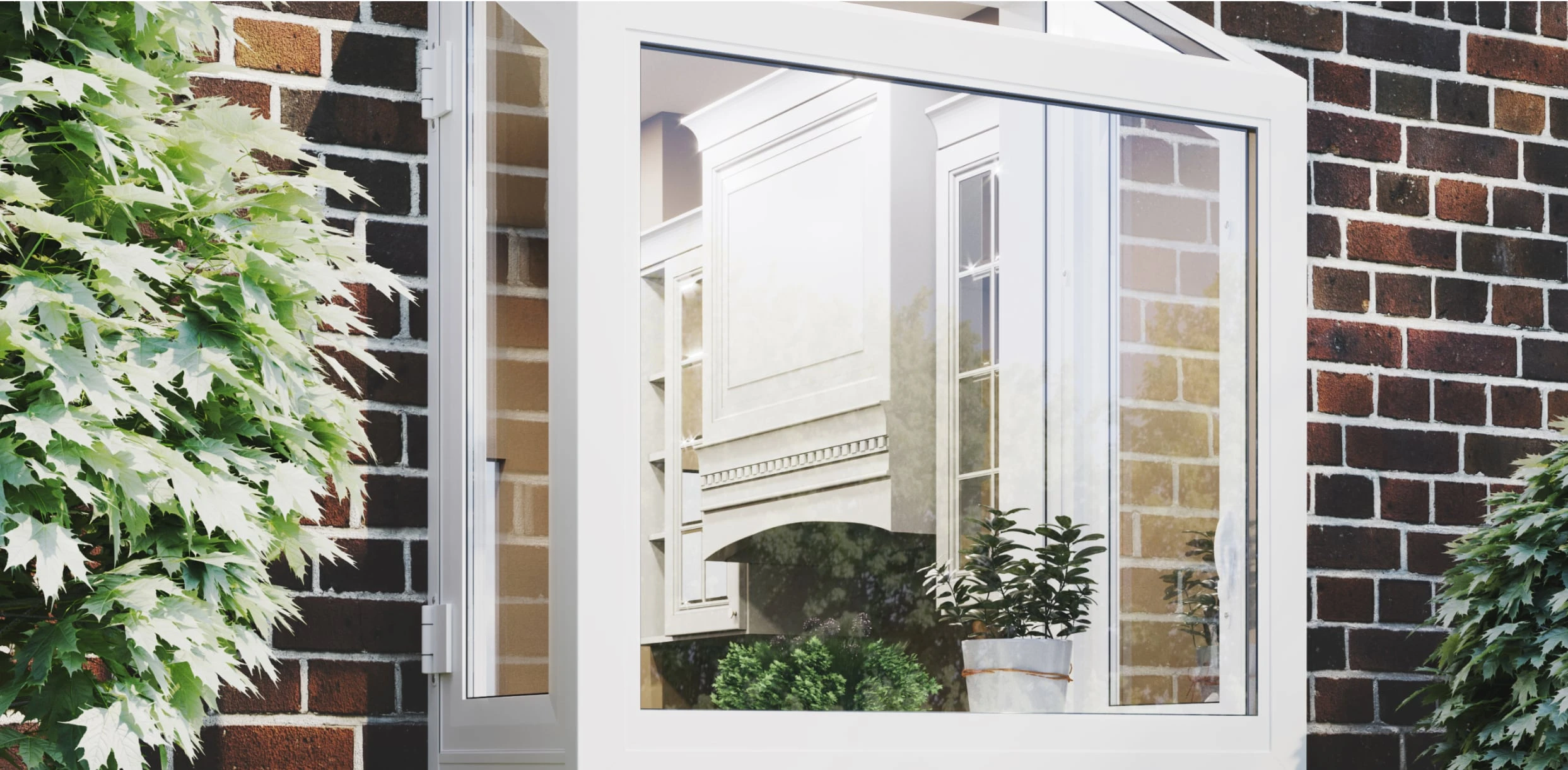 A white-framed window is open outward from a brick wall. Green leafy plants are visible on the left, and the window reflects the interior of a white room with large windows and potted plants.