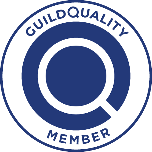 A circular blue badge featuring the words "GuildQuality Member" surrounding a stylized letter "Q" in the center.