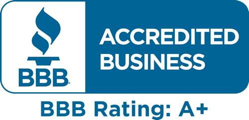 The image shows the Better Business Bureau (BBB) Accredited Business logo with the text "BBB Accredited Business" and "BBB Rating: A+" on a blue and white background.