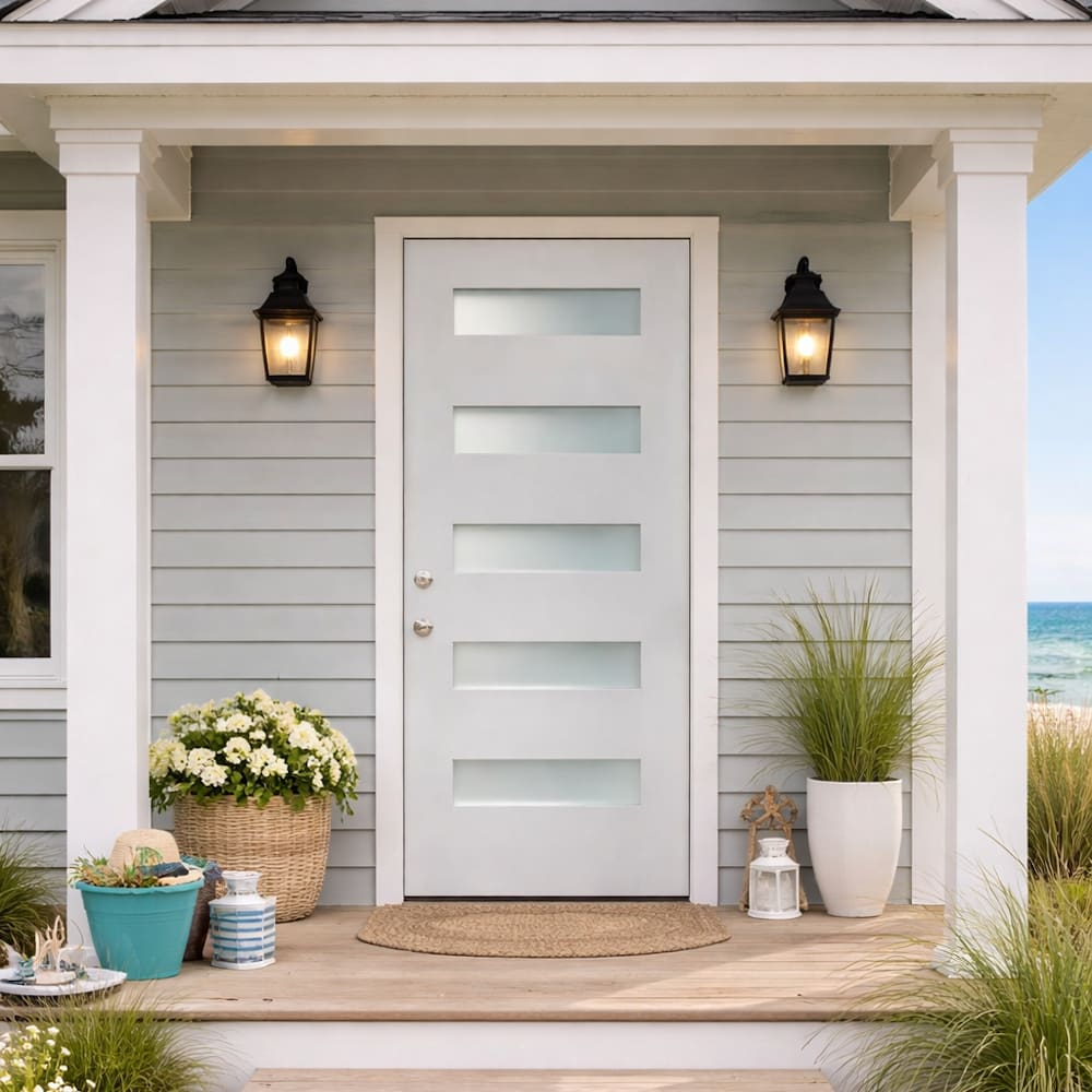 A light gray front door with horizontal frosted glass panels is centered on a porch with white trim, lantern-style lights, a doormat, potted plants, and seaside scenery in the background.